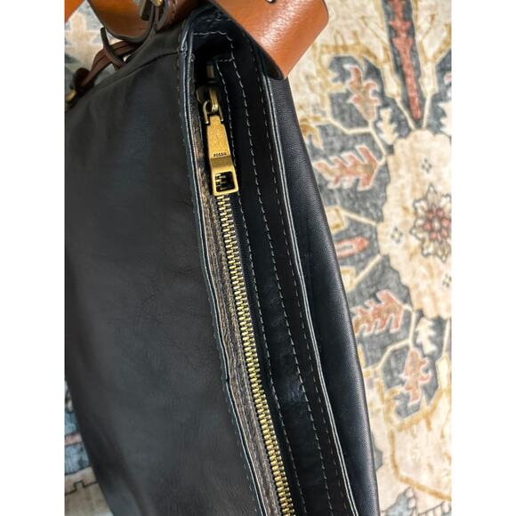Fossil Crossbody Satchel Purse Medium Tote Black Leather Rocker Bag - Picture 14 of 14